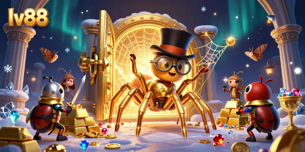 Engage with exciting gameplay at lv88, featuring a golden tarantula and beetle knight in a dynamic casino scene.