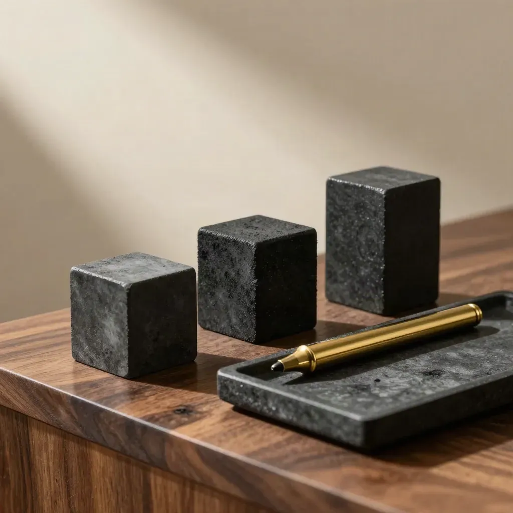 Dark weighted blocks with one brass marker on a charcoal tray in warm window light
