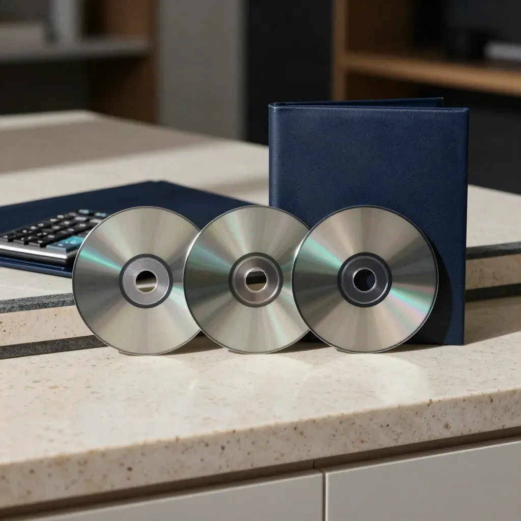 ETF discs, calculator and navy binder on travertine in a precise finance still life