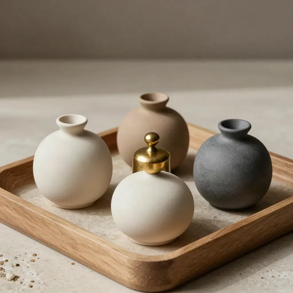 Brass weight and matte ceramic forms settle in a balanced portfolio still life on pale limestone.