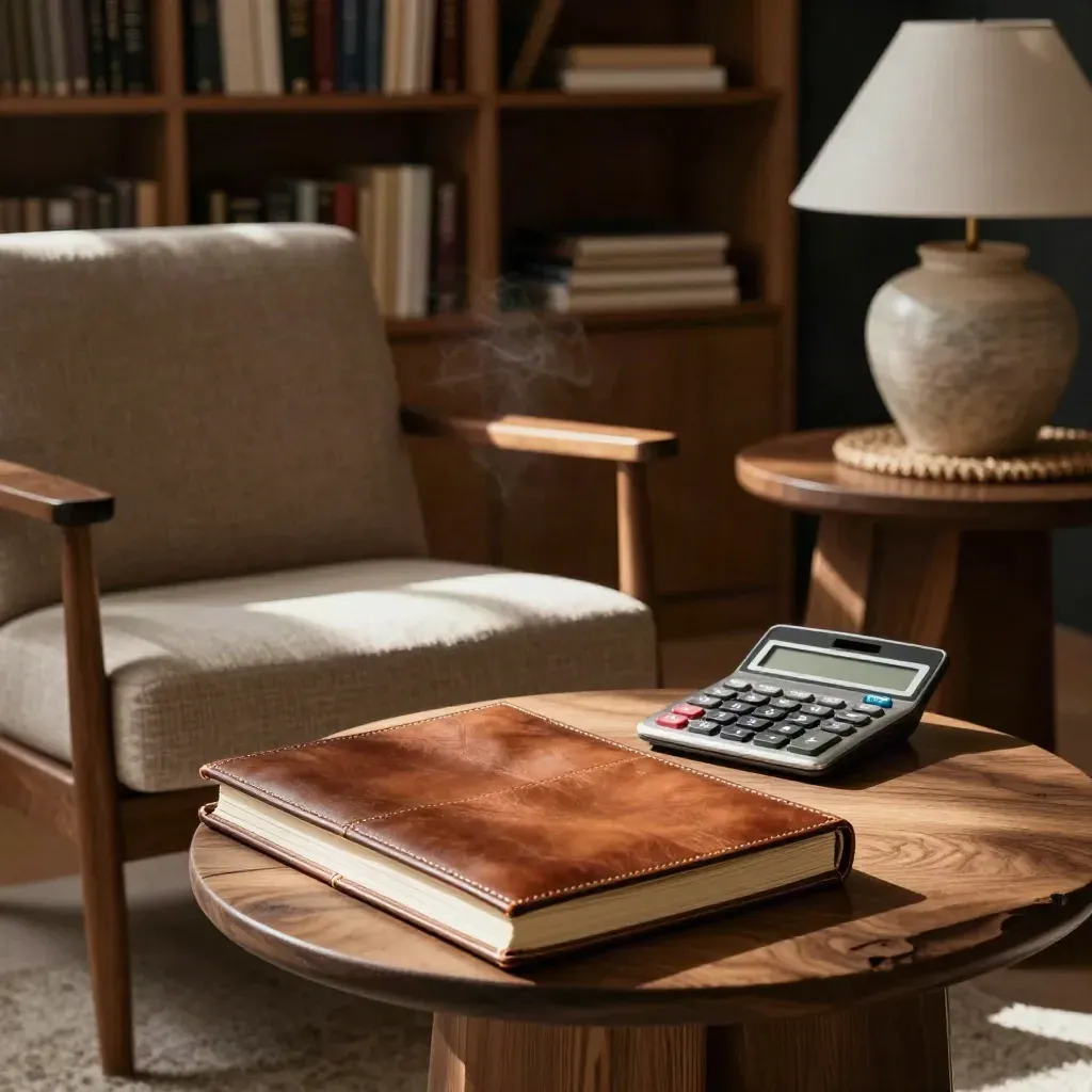 Sunlit armchair corner with a closed retirement folio, calculator, and side table in a cozy library
