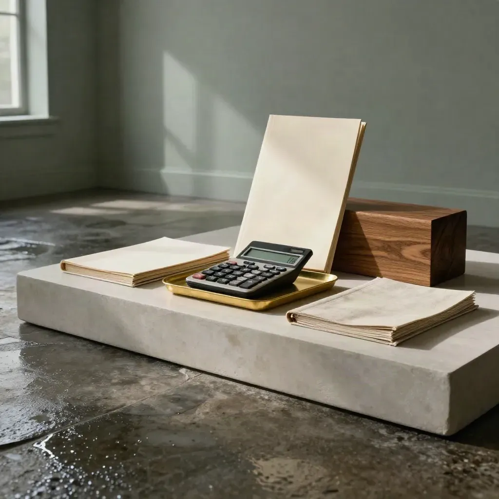 Stone, oak, brass and linen wealth-planning objects on a pale plinth in moody morning light.