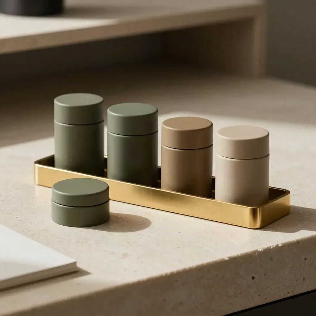 Four matte containers and a brass divider on ivory stone, lit cinematically.