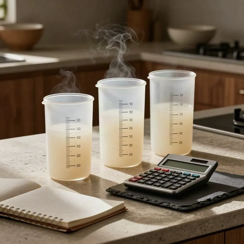 Glass cash-flow vessels, calculator and slate tray on a stone counter in warm afternoon light.