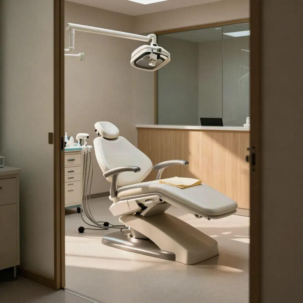 Empty dental clinic at closing time with a treatment chair, locked cabinet, and calm reception nook.