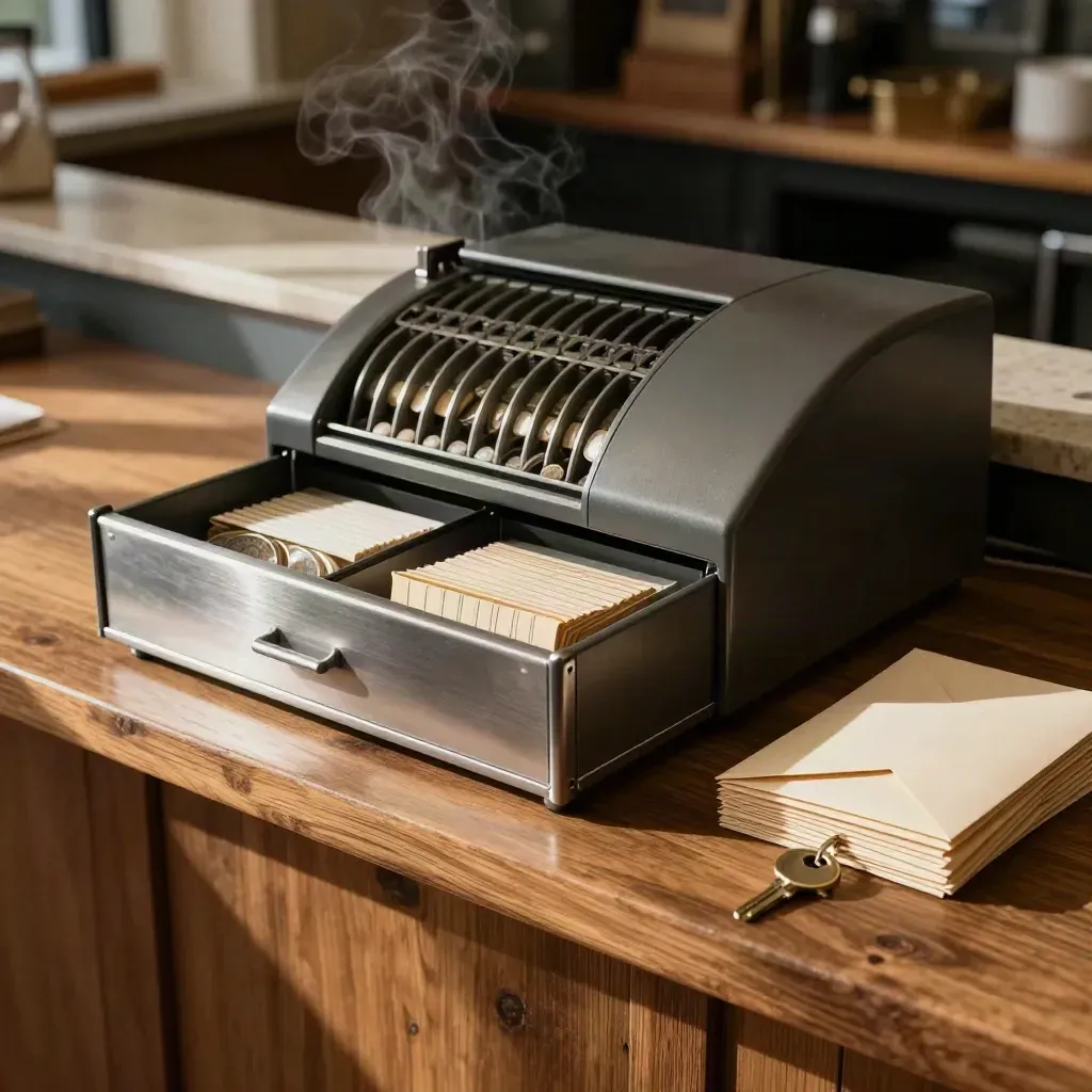 Cash drawer closing at a family shop counter with deposit envelopes and warm steam.