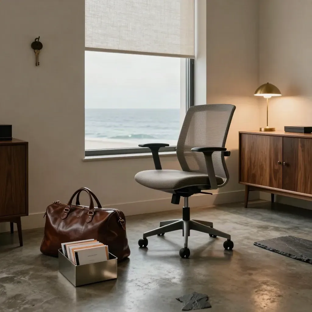 Empty consultant studio with chair, travel bag, lamp and coastal window in dusk haze.
