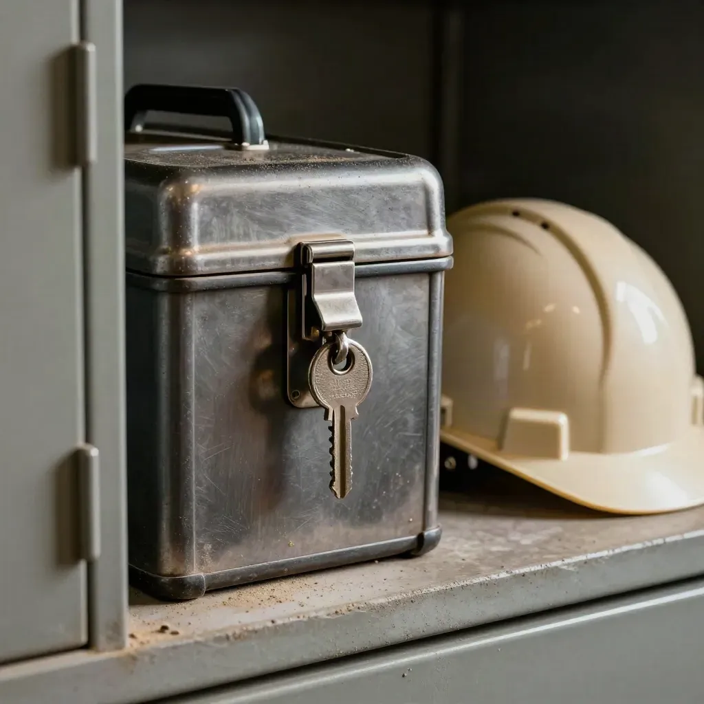 Macro of a lock plate, sealed parts bins, and stacked safety helmets in a quiet shop corner