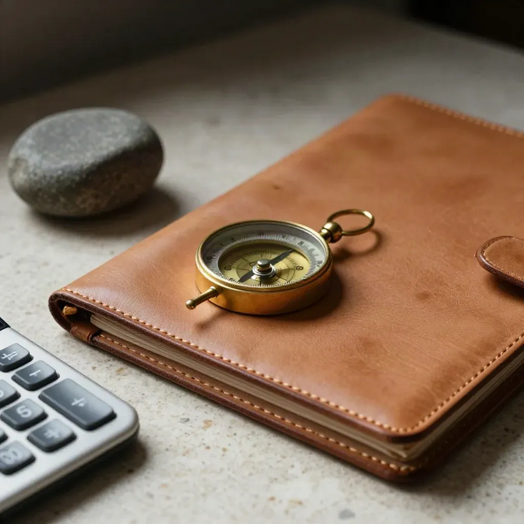 Brass compass on a leather folio beside a stone weight and calculator on travertine