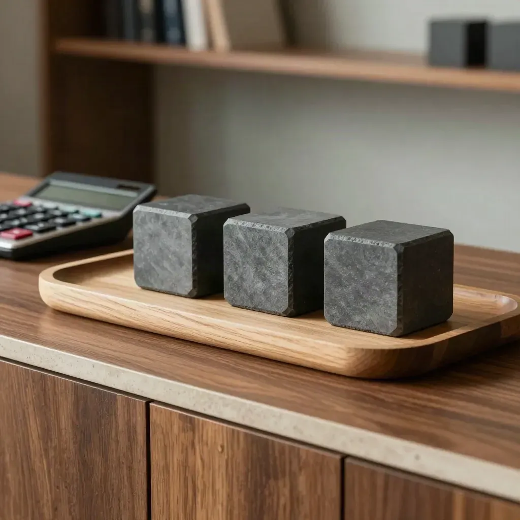 Slate risk cubes, matte calculator, and oak tray on a walnut credenza in dramatic studio light.