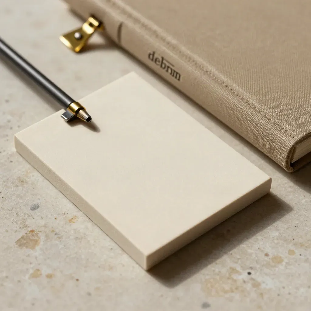 Ivory and graphite sample tiles, closed research binder, and brass clip on a limestone surface.