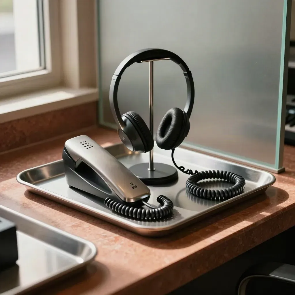 Headset, handset, and coiled cables on a terracotta service tray in soft daylight.