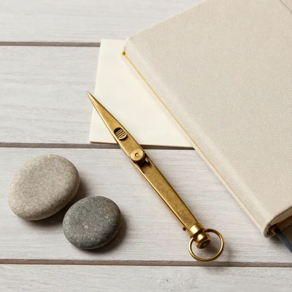 Brass compass, pebbles, and closed notebook on pale wood, viewed from above.
