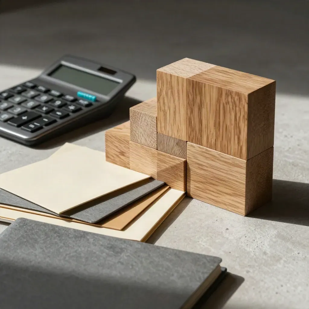 Oak plan blocks, calculator and clipped folders on plaster with slanting light
