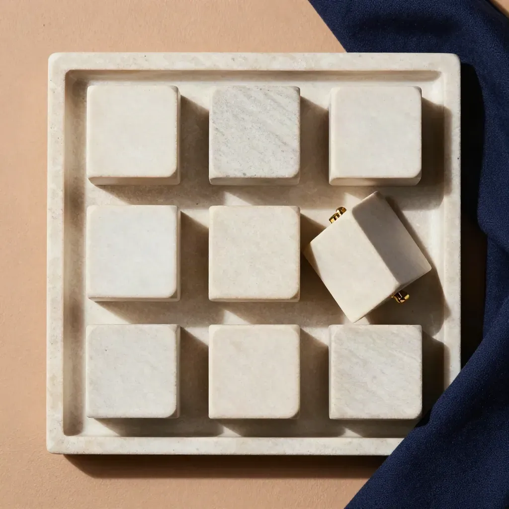 Overhead stone tray with five matte cubes, a brass clip, and a folded navy cloth in a finance still life.