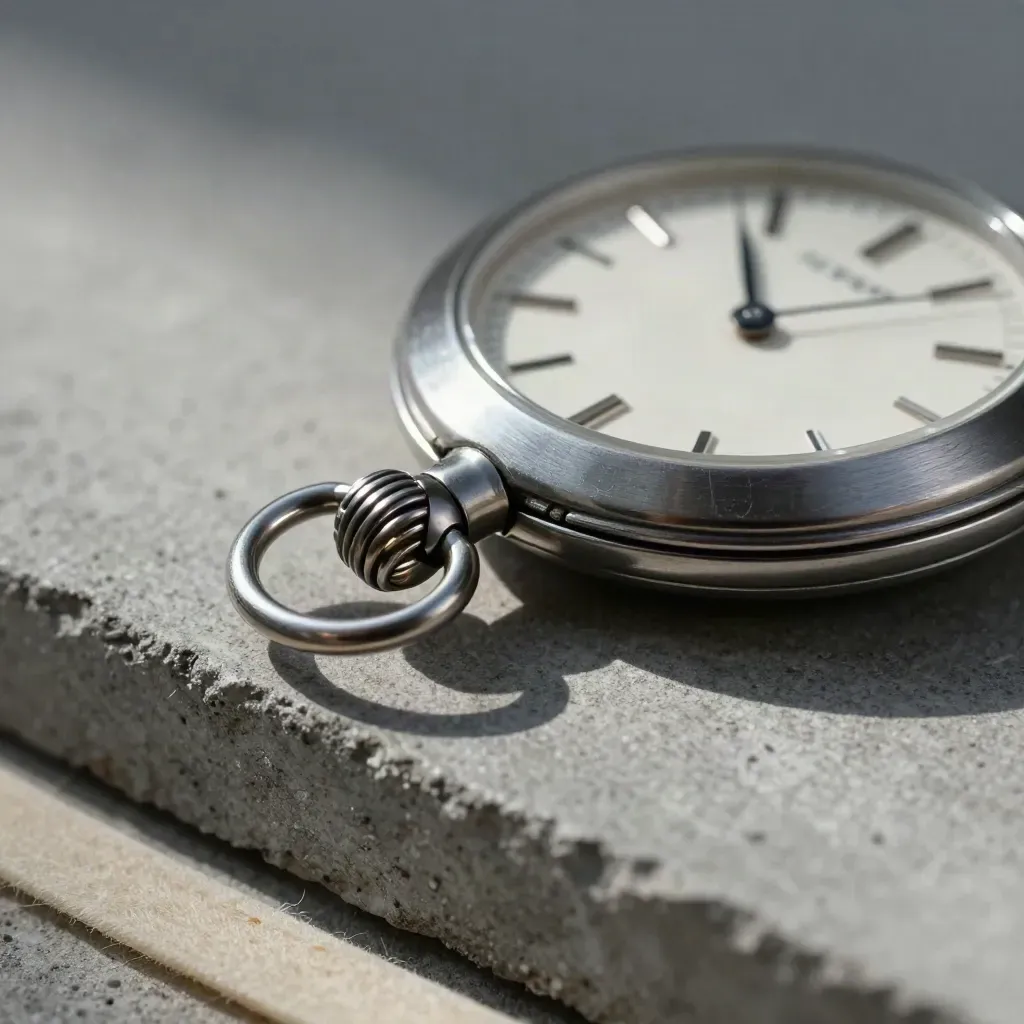 Pocket watch with brushed metal markers and ivory tabs on concrete in soft evening light