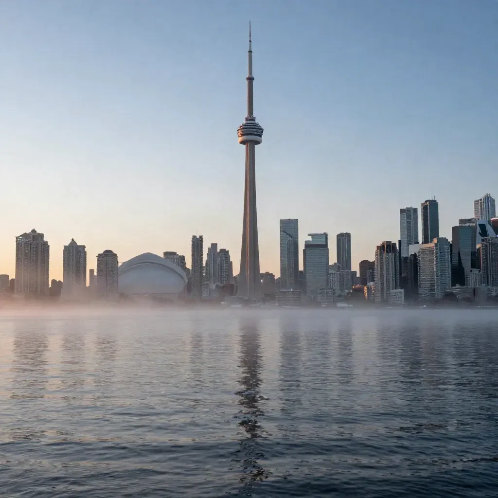 Toronto skyline at dusk with CN Tower above calm misty harbour