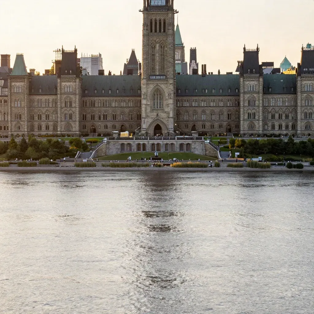 Parliament Hill glowing above the Ottawa River in warm golden haze, distant and serene.