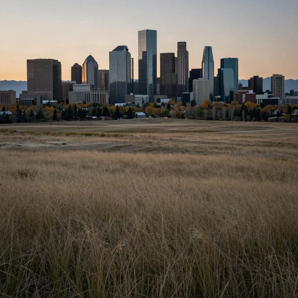 Calgary skyline above prairie grass with hazy Rockies in the distance