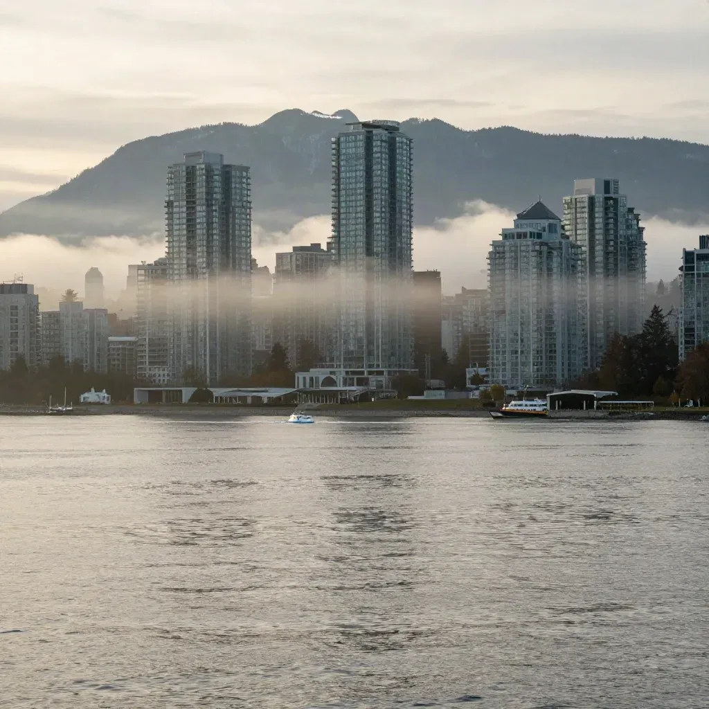 Vancouver skyline and North Shore mountains fading in mist over Burrard Inlet