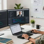 Dynamic coding workspace featuring a developer at the WPS Official Website, showcasing advanced software interface design and tech innovation.