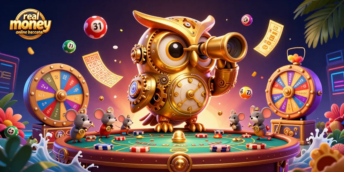 Play real money online baccarat amidst a vibrant casino scene with lively characters and dynamic elements.